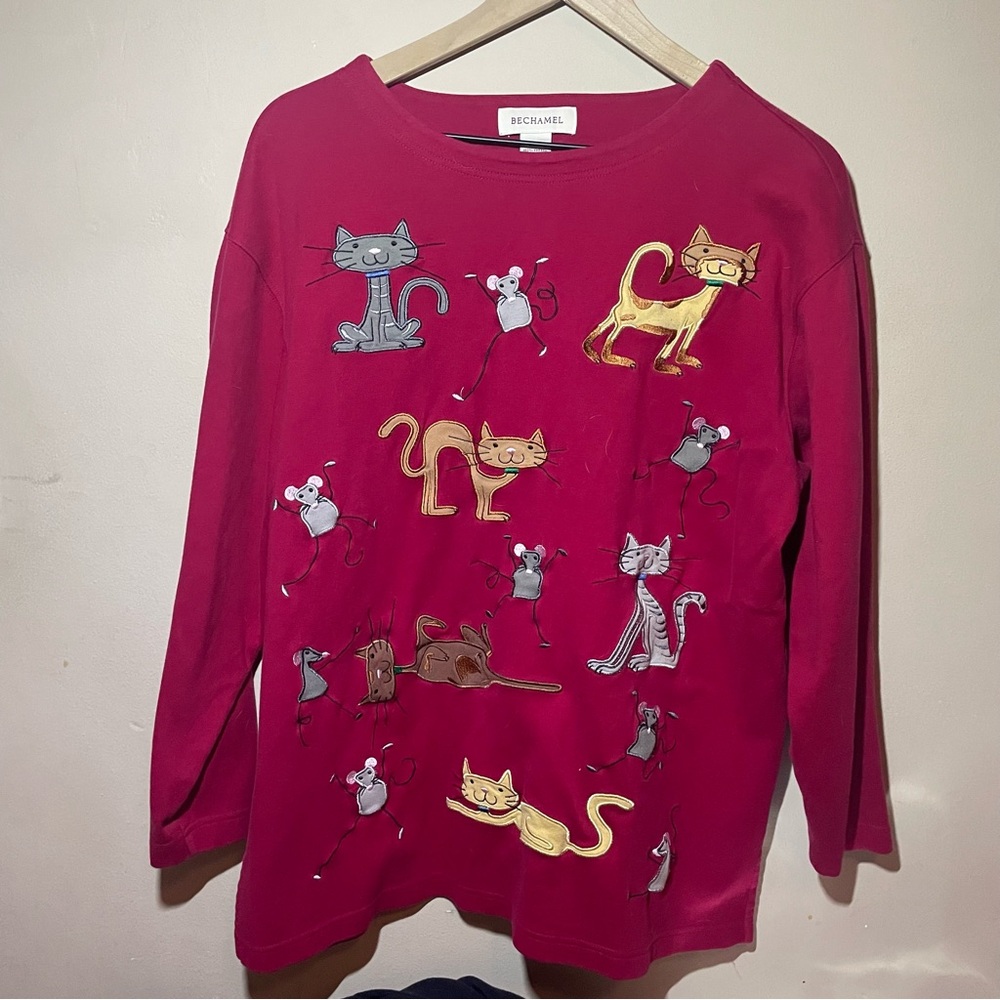 Vintage Bechamel Bright Pink Cat & Mouse Embroidered Long Sleeve Top, size large